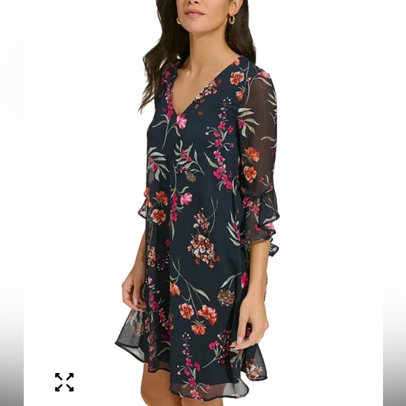 Calvin Klein Dress Size 12 Chiffon Bell Sleeve Black Floral MSRP $119 NWT - Picture 3 of 11